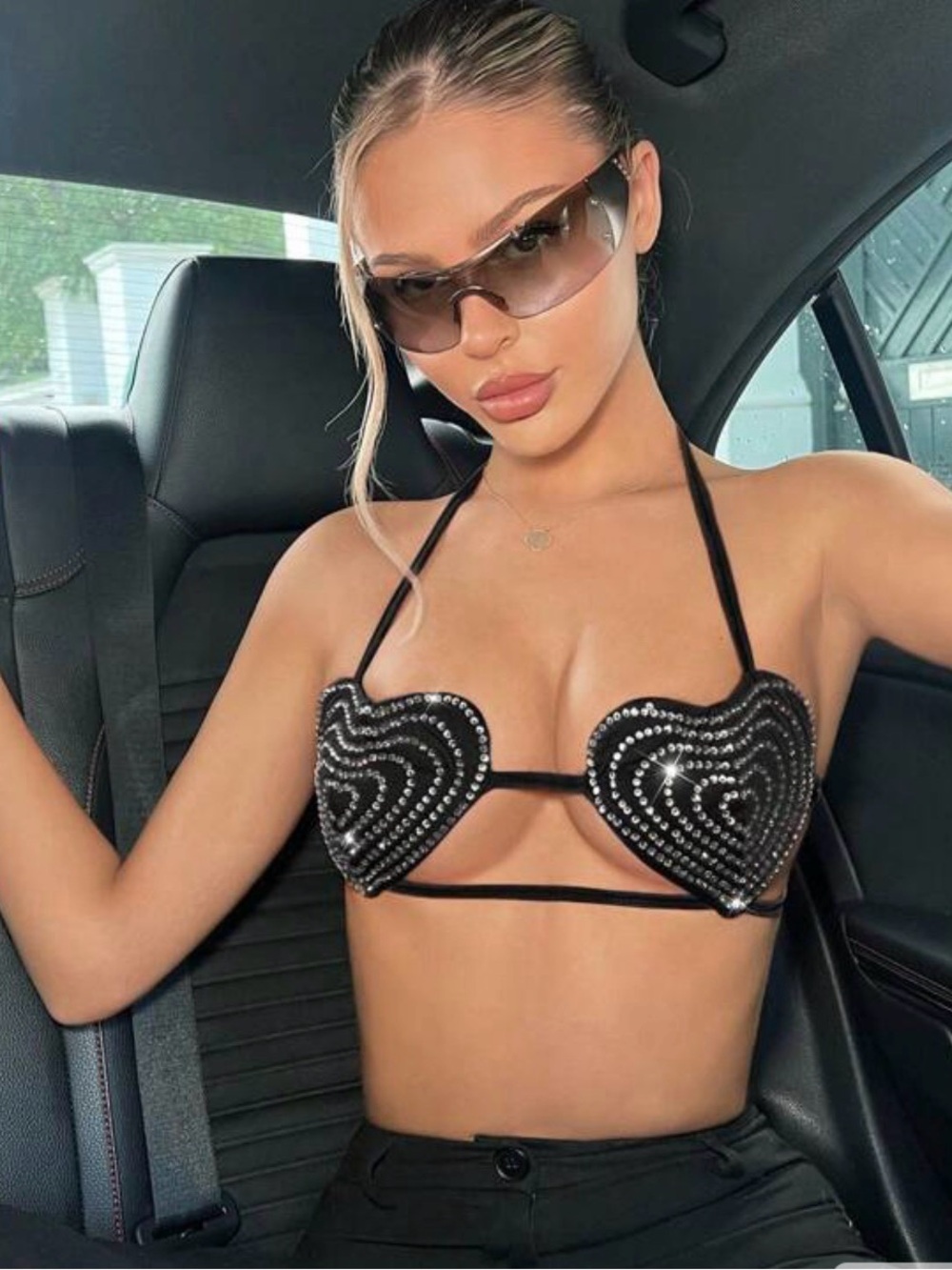 Rhinestone Heart Halter Festival Top – Black Sparkle Statement Bralette